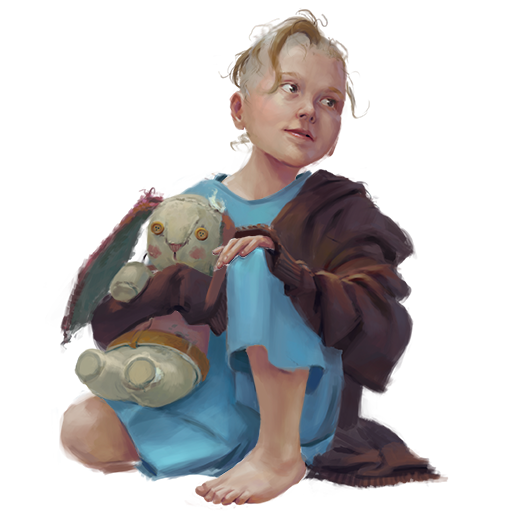 Sofia, a young girl in a blue dress, holding a worn stuffed rabbit